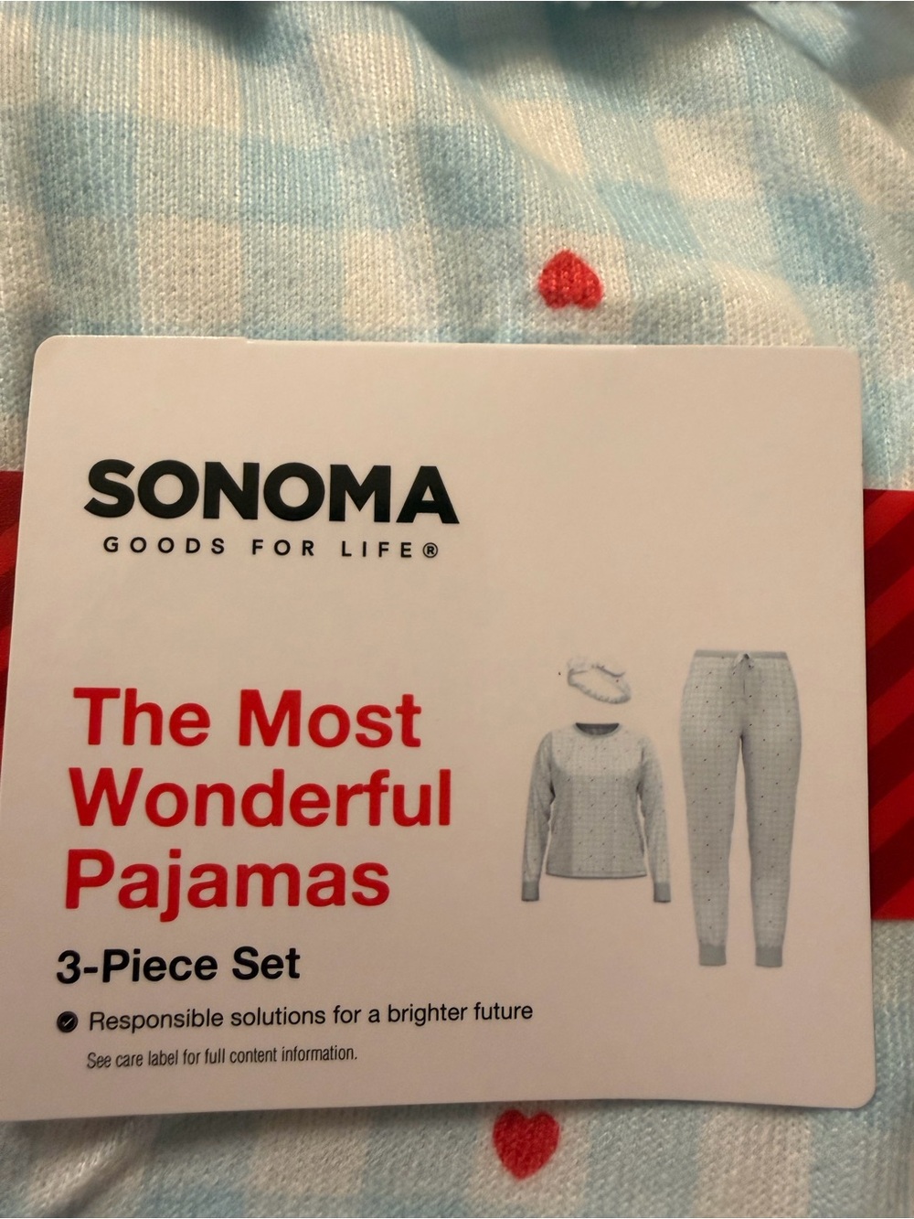 SONOMA Light Blue and Red Heart Women’s 3-Piece Pajama Set